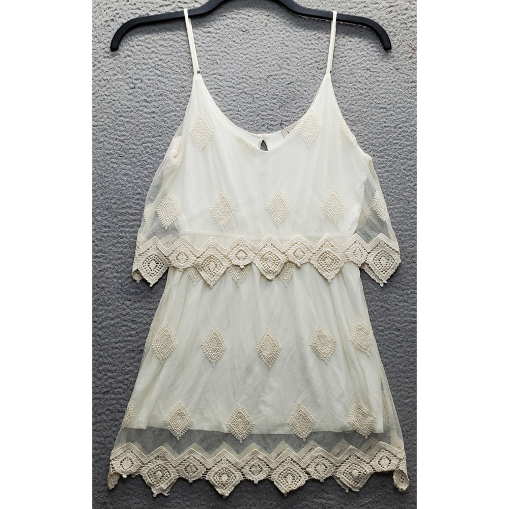 Liv Los Angeles Slip Dress Womens Small Tan Crochet Lace Overlay Spaghetti Strap